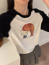 Kelly Designs Hello Kitty Croissant Graphic Raglan Tee – Black & Cream (Instock)
