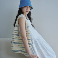 Korean Pippi Striped Crochet Shoulder Bag – Cream & Blue (Instock)