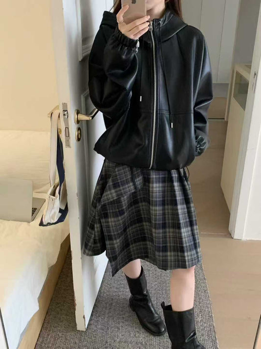 Kelly Designs PU Leather Zip-Up Hoodie Black Jacket (Preorder)