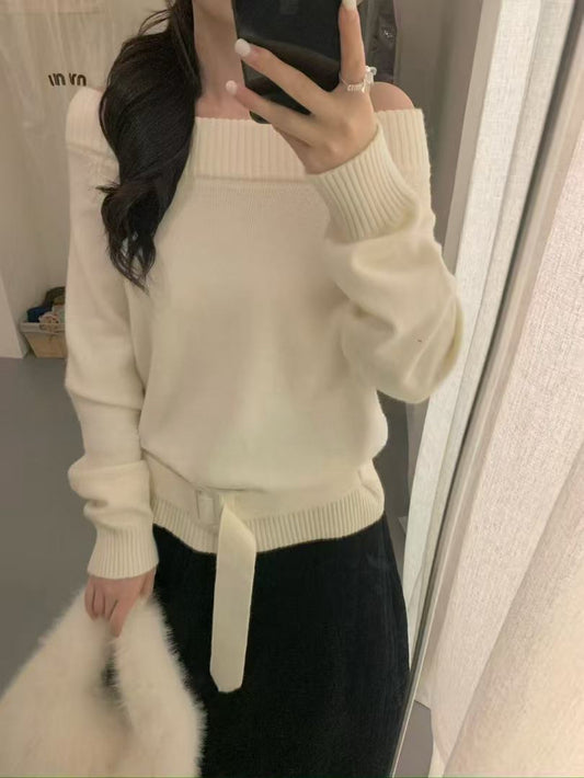 Kelly Designs Off-Shoulder Rabbit Hair Knit Sweater with Belt (Instock)