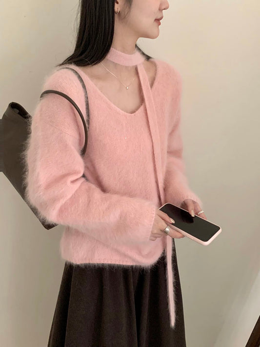 Kelly Designs Soft Mink-Touch V-Neck Knit Sweater with Matching Scarf Tie (Instock)