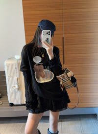 Korean APM Collection Bear Graphic Layered Lace Long Sleeve Tee (Instock)