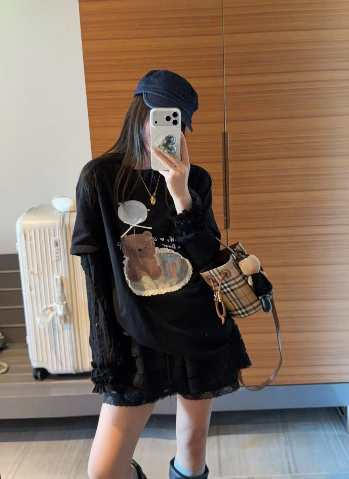 Korean APM Collection Bear Graphic Layered Lace Long Sleeve Tee (Instock)