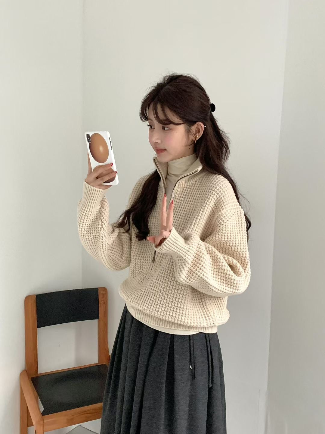 Korean APM Collection EGG Half Zip Up Yellow Wool Hoodie (Instock)