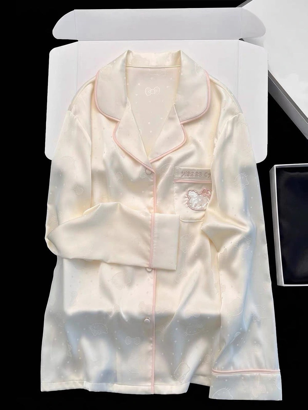 Kelly Designs Kitty Jacquard Satin Pajama Set with Pink Piping (Instock)