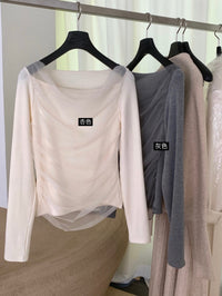 Kelly Designs Off-Shoulder Mesh Ruched Long Sleeve Top (Light Fleece) (Instock)