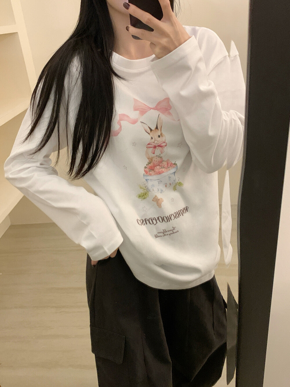 Kelly Designs Brushed Cotton Long-Sleeve Tee – Bow Strawberry Bunny Print (Instock)