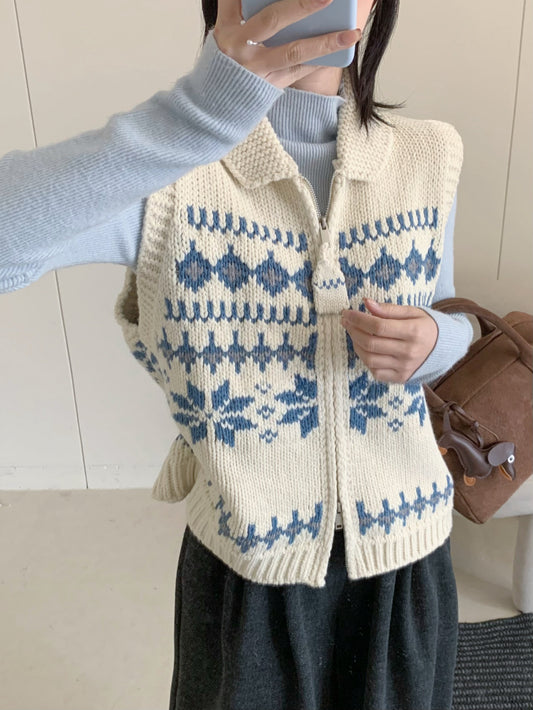 Kelly Designs Fair Isle Double-Zip Knit Vest – Cozy & Versatile-Beige (Instock)