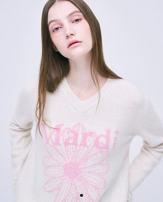 Mardi Mercredi RACCOON BLENDED V NECK FLOWERMARDI_IVORY PINK (Instock)
