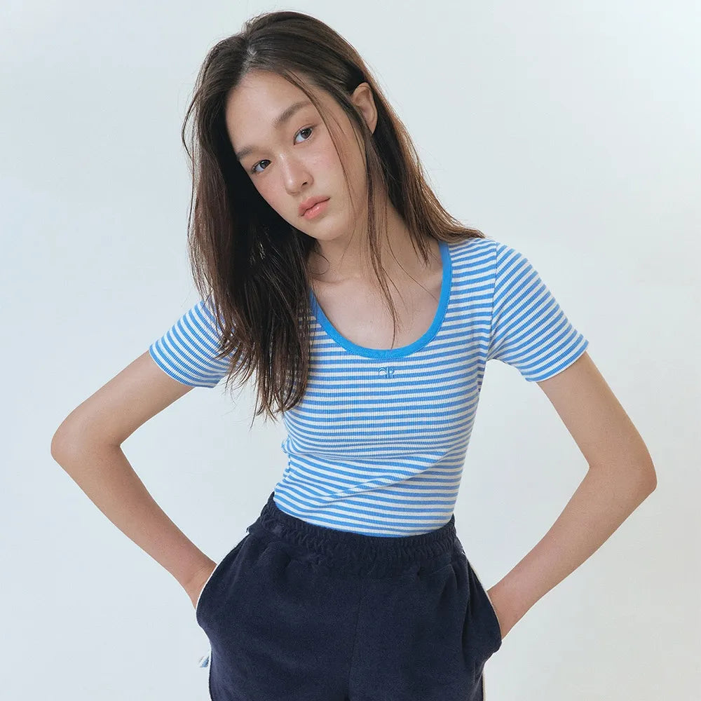 Korean Grove Sand Stripe Scoop Neck T-Shirt (Instock)