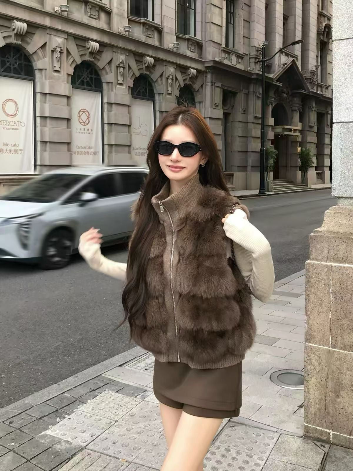 Kelly Designs Genuine Fox Fur Panel Zip-Up Knit Cardigan – Brown (Instock)
