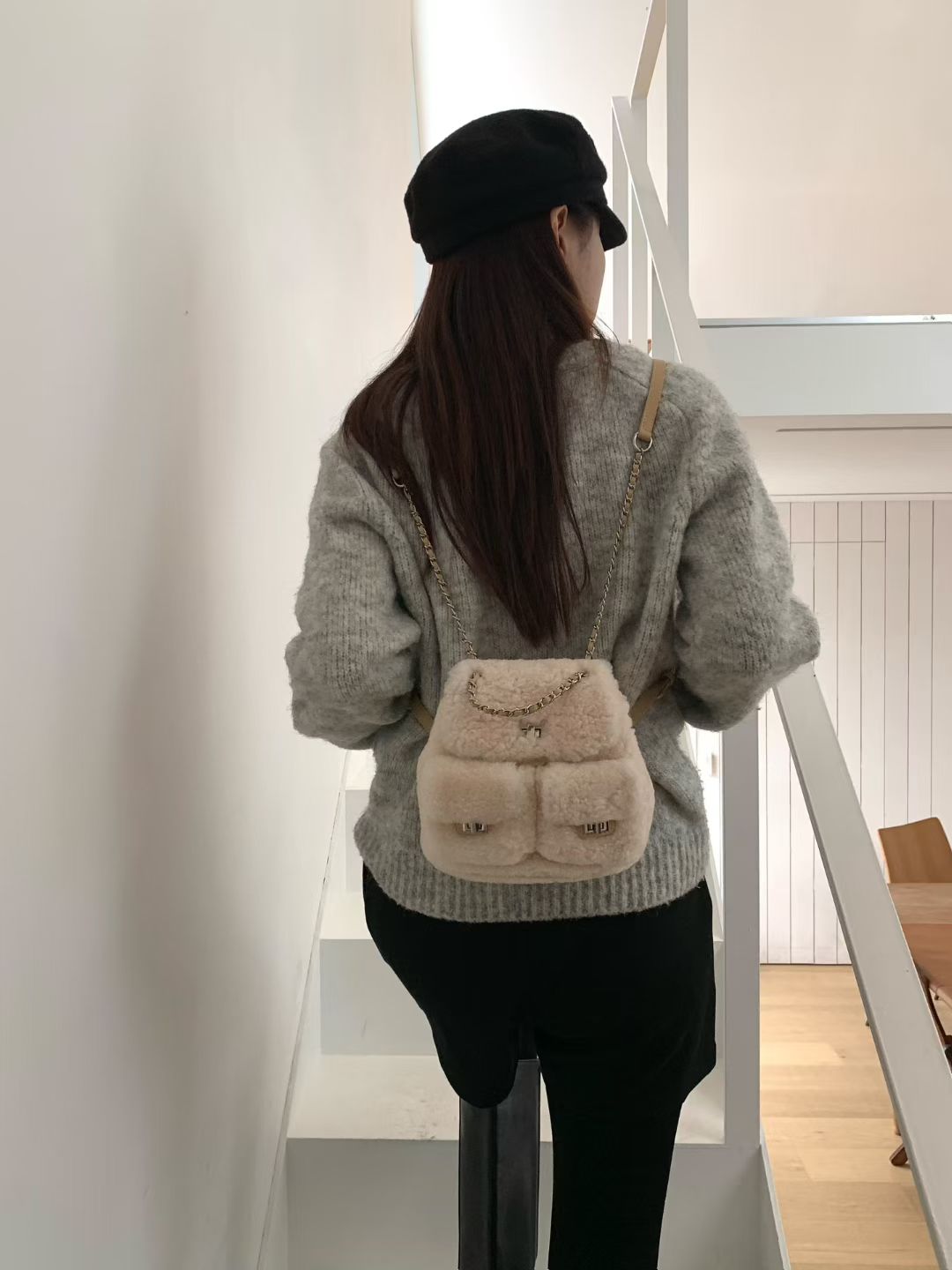 Korean APM Collection Three Colors Shearling Lampwool Backpack(Instock)