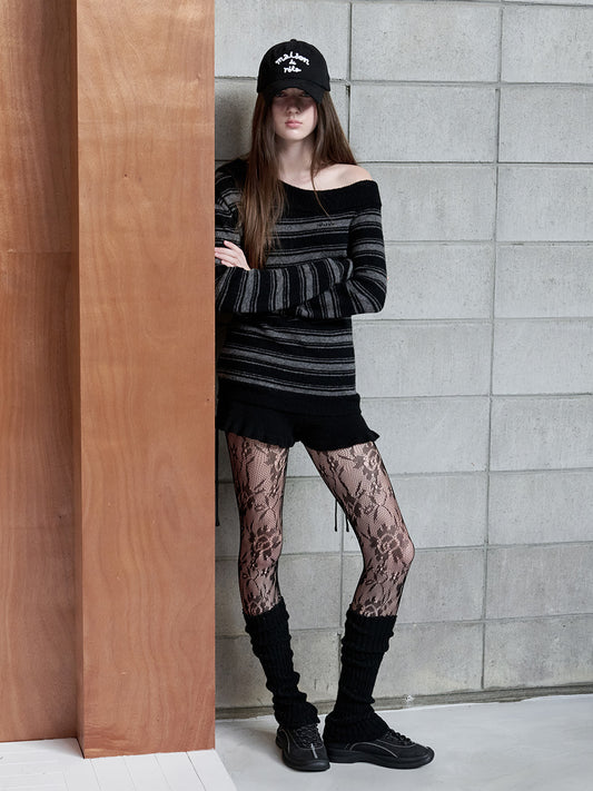 Korean Collection Rolarola UNBALANCED OFF SHOULDER STRIPE KNIT GR+BK (Instock)