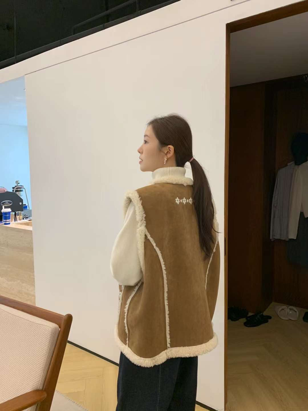 Kelly Designs Shearling Flowers Khaki Vest (Instock)