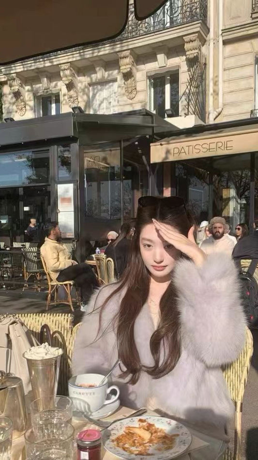 Kelly Designs Fox Fur Grey Purple V Neck Jacket (Instock)