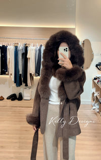 Kelly Designs Fox Fur Brown Wool Coat (Instock)