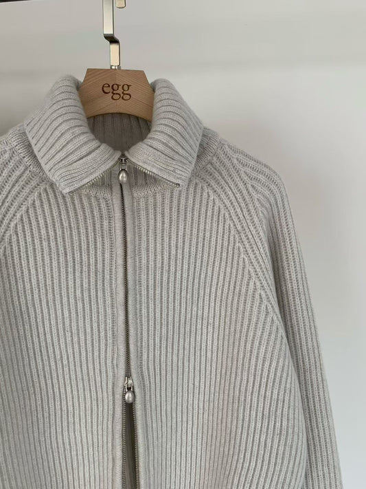 Korean APM Collection EGG PREMIUM CASHMERE SUPER FINE MERINO WOOL Zip Up Beige Cardigan (Instock)