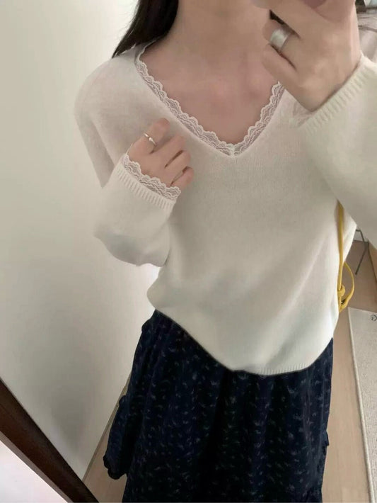 Kelly Designs 100% Wool Lace-Trim V-Neck Knit Sweater (3 Colors)- (Instock)