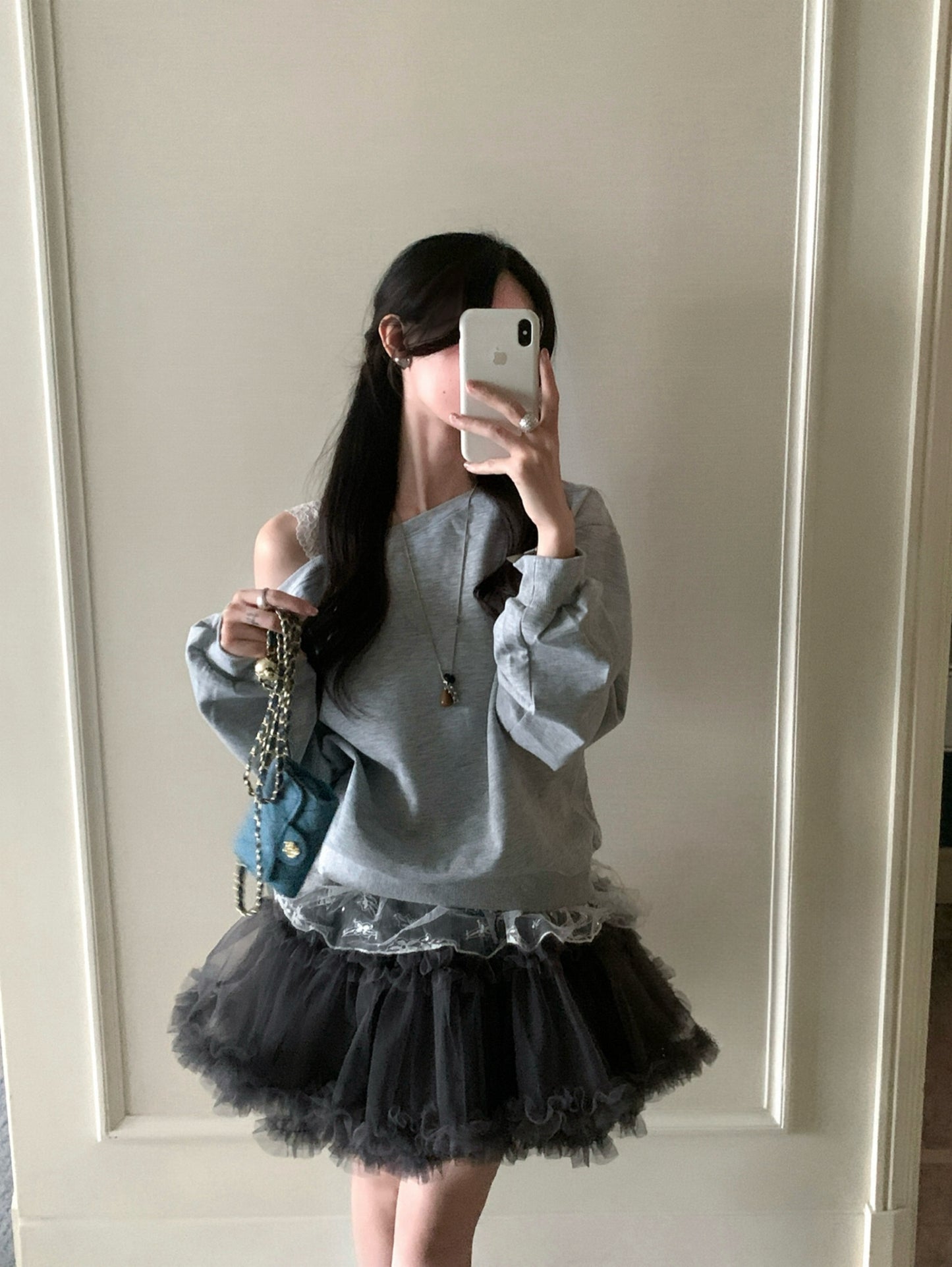 Kelly Designs Off-Shoulder Faux Layered Sweatshirt & Grey Skirt (Instock)