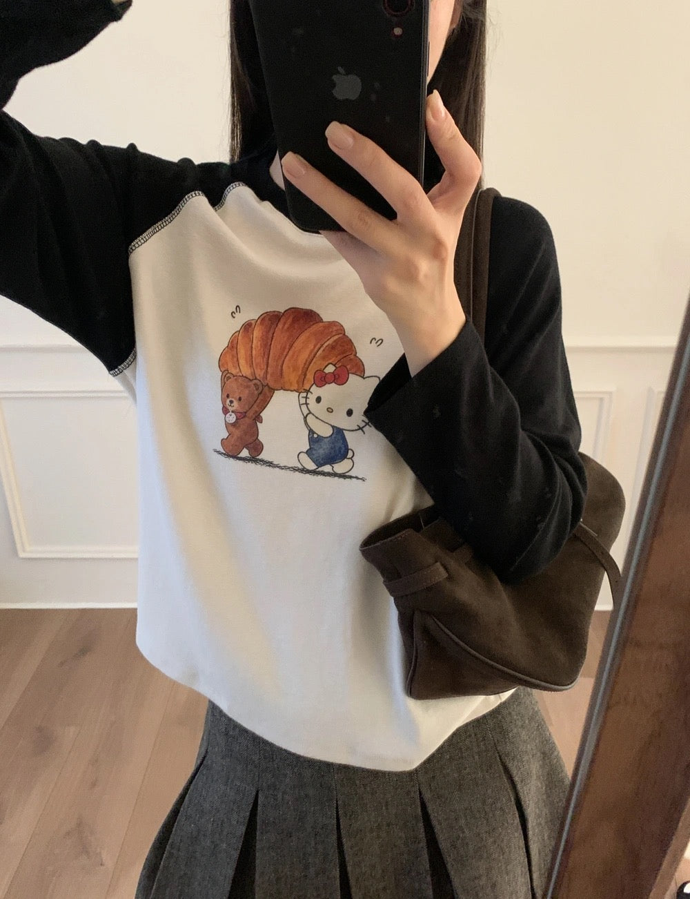 Kelly Designs Hello Kitty Croissant Graphic Raglan Tee – Black & Cream (Instock)