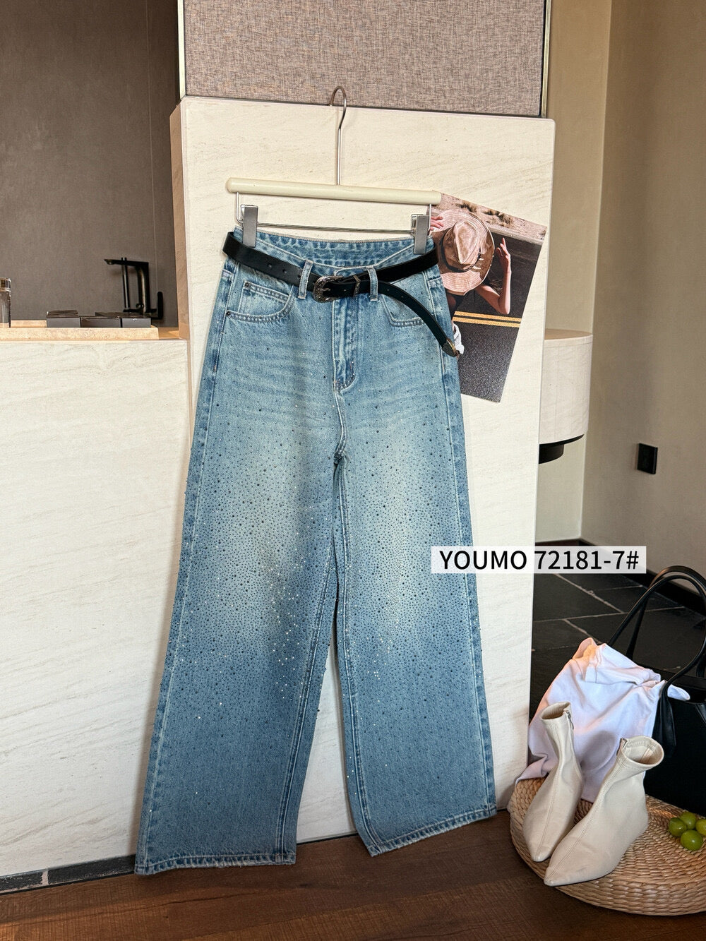 Kelly Designs Rhinestone Wide-Leg Jeans with Belt – Vintage Blue (Instock)