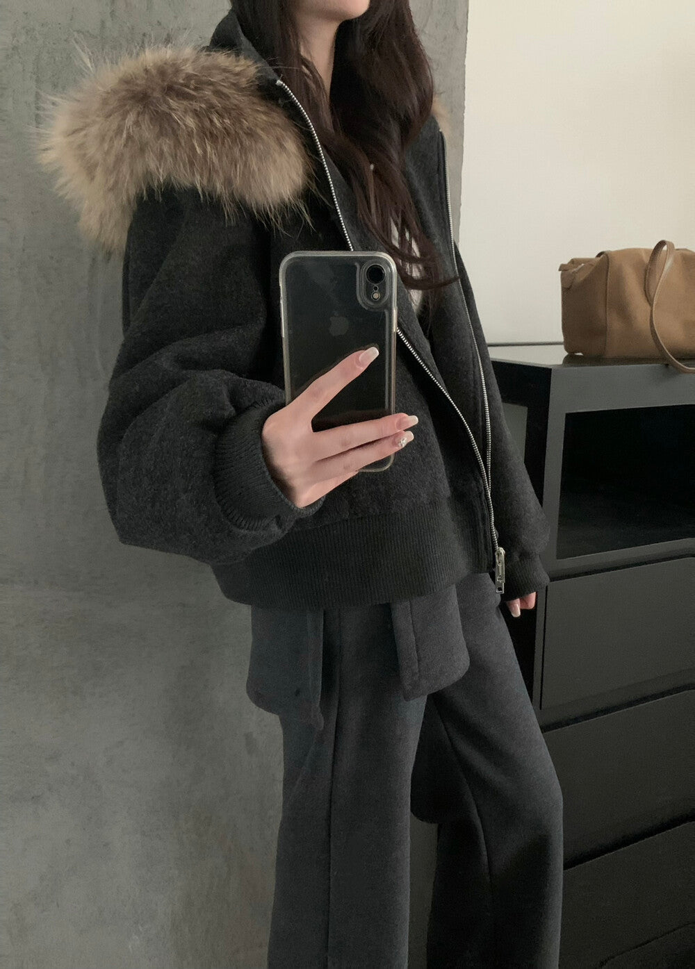 Kelly Designs Minimal Wool-Blend Short Goose Jacket with Detachable Raccoon Fur Collar (Instock)