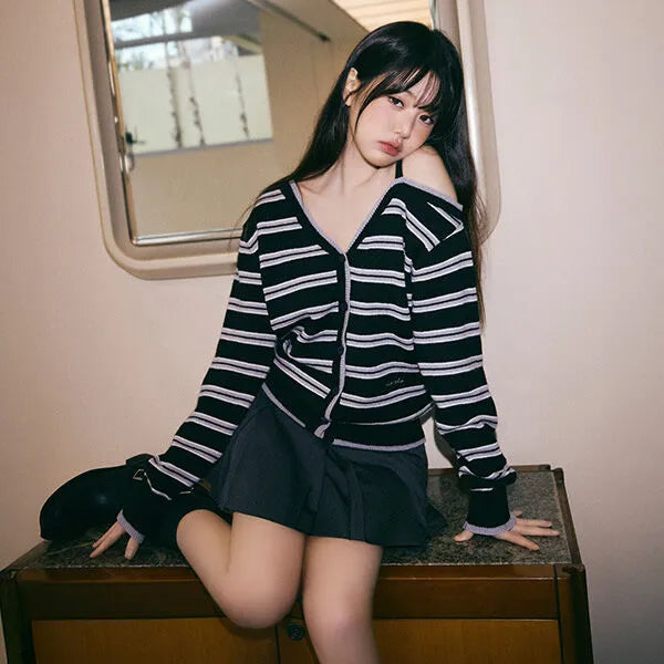 Rolarola Off-Shoulder Striped Wool-Blend Cardigan - 4 colors (preorder)