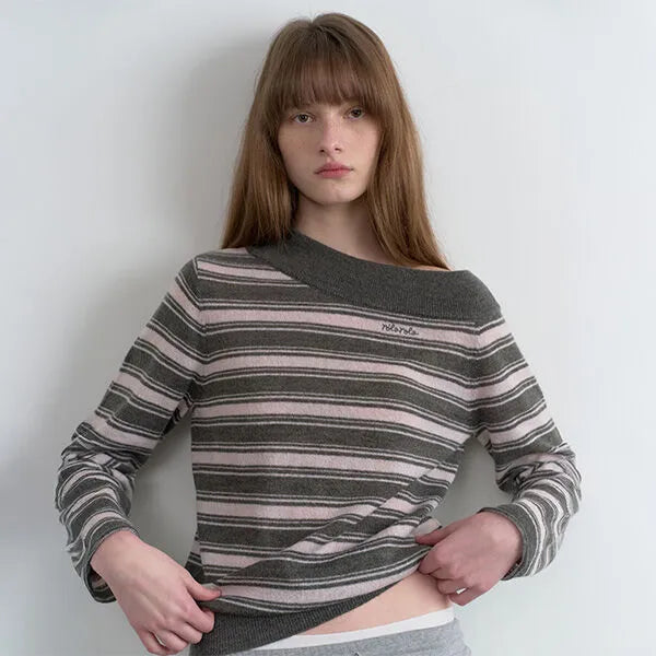 Rolarola One Off Shoulder Stripe Knit GY+PK (Instock)