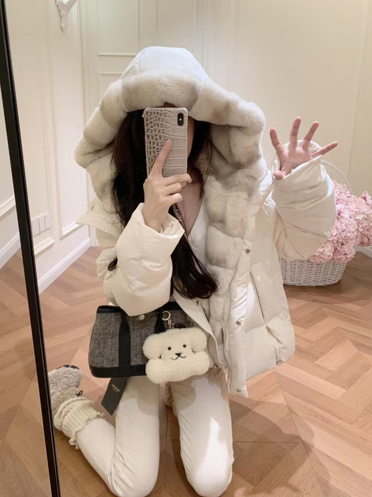 Kelly Designs Goose Down Jacket with Imported Rex Rabbit Fur Hood – Elegant & Ultra Warm-Black/White (Instock)