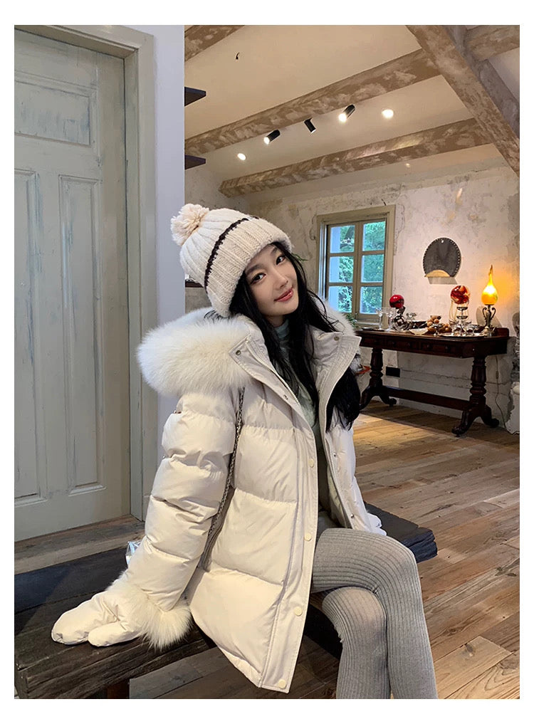 Kelly Designs Fox Fur Trim 90% White Goose Down Jacket with Mittens (Instock)