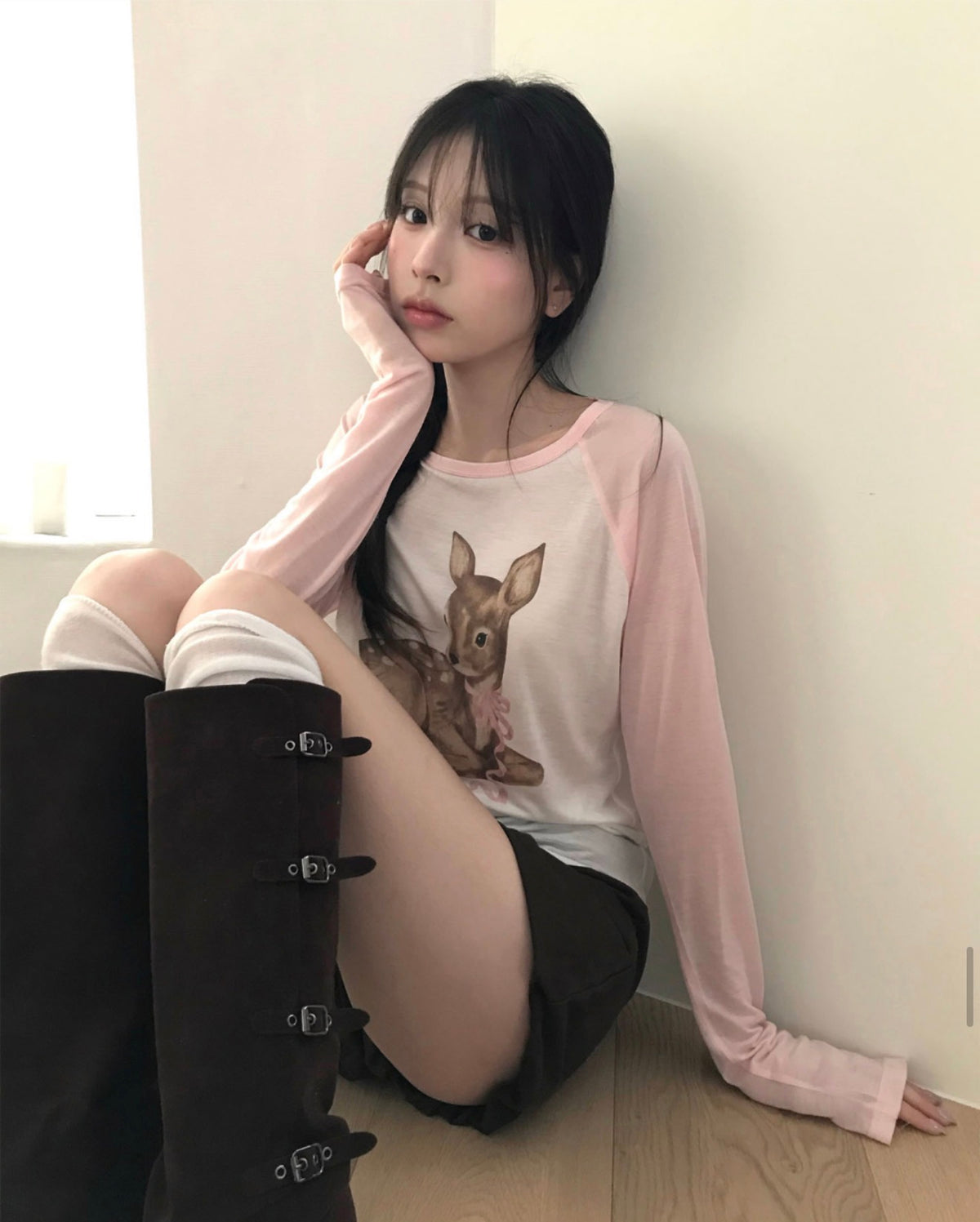 Korean Baby Bambi Raglan Long Sleeve Tee - Pink/Gray (Instock)