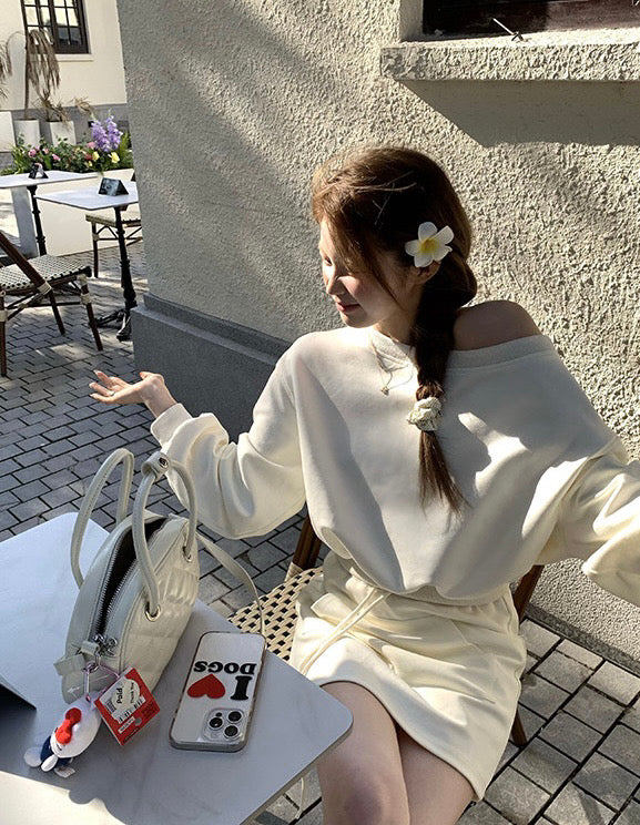 Kelly Designs Off-Shoulder Sweatshirt & Shorts Set - Purple/Beige (Instock)