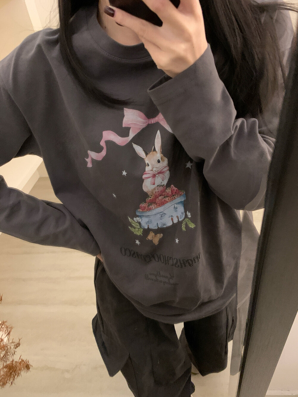 Kelly Designs Brushed Cotton Long-Sleeve Tee – Bow Strawberry Bunny Print (Instock)