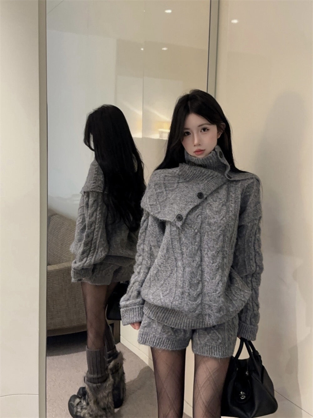 Kelly Designs Vintage Chic Cable Knit Sweater & Shorts Set with Scarf – 3-Piece Set (Instock)