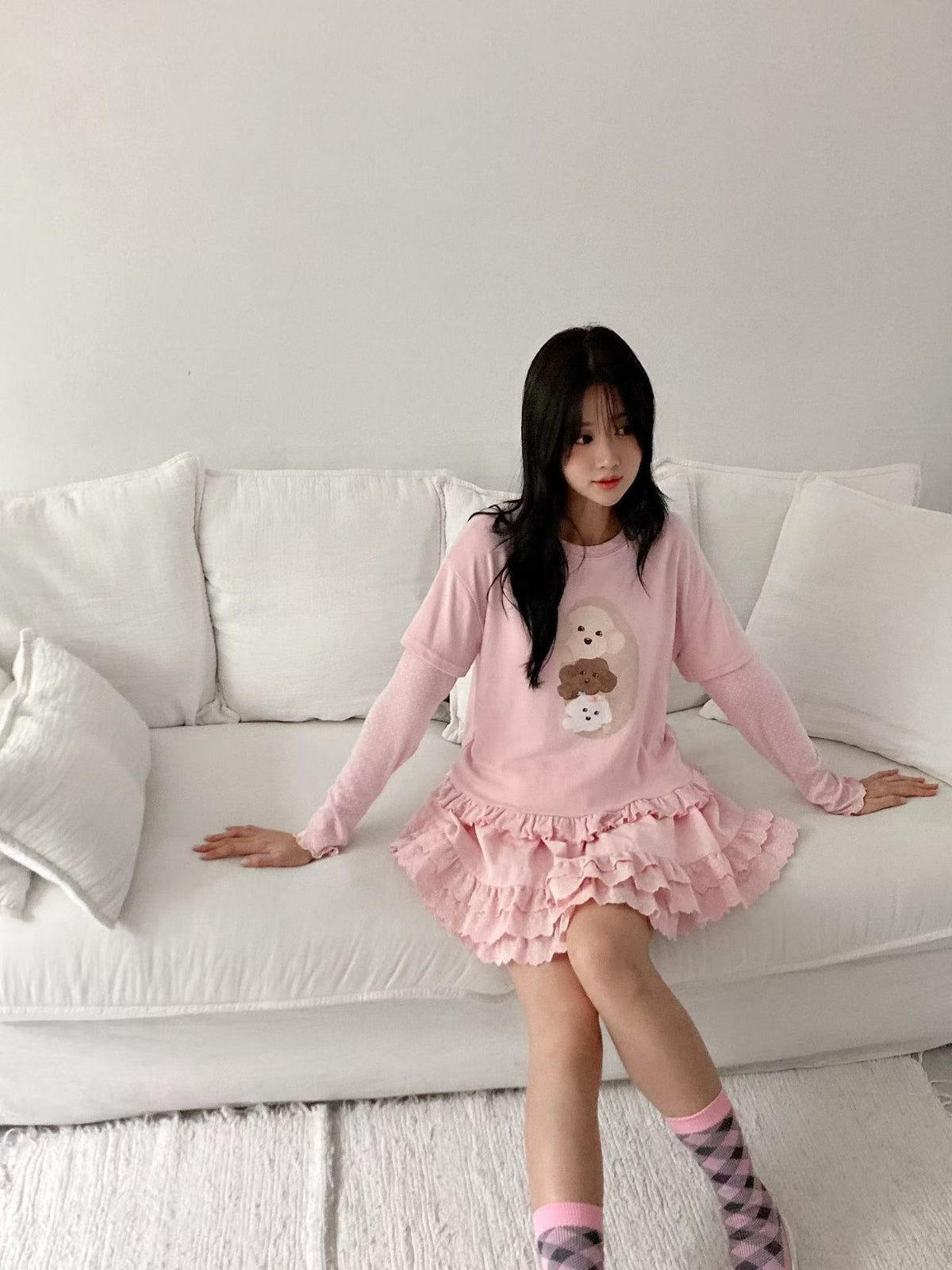 Korean APM Collection Pink Puppy Layered Long Sleeve Top (Instock)