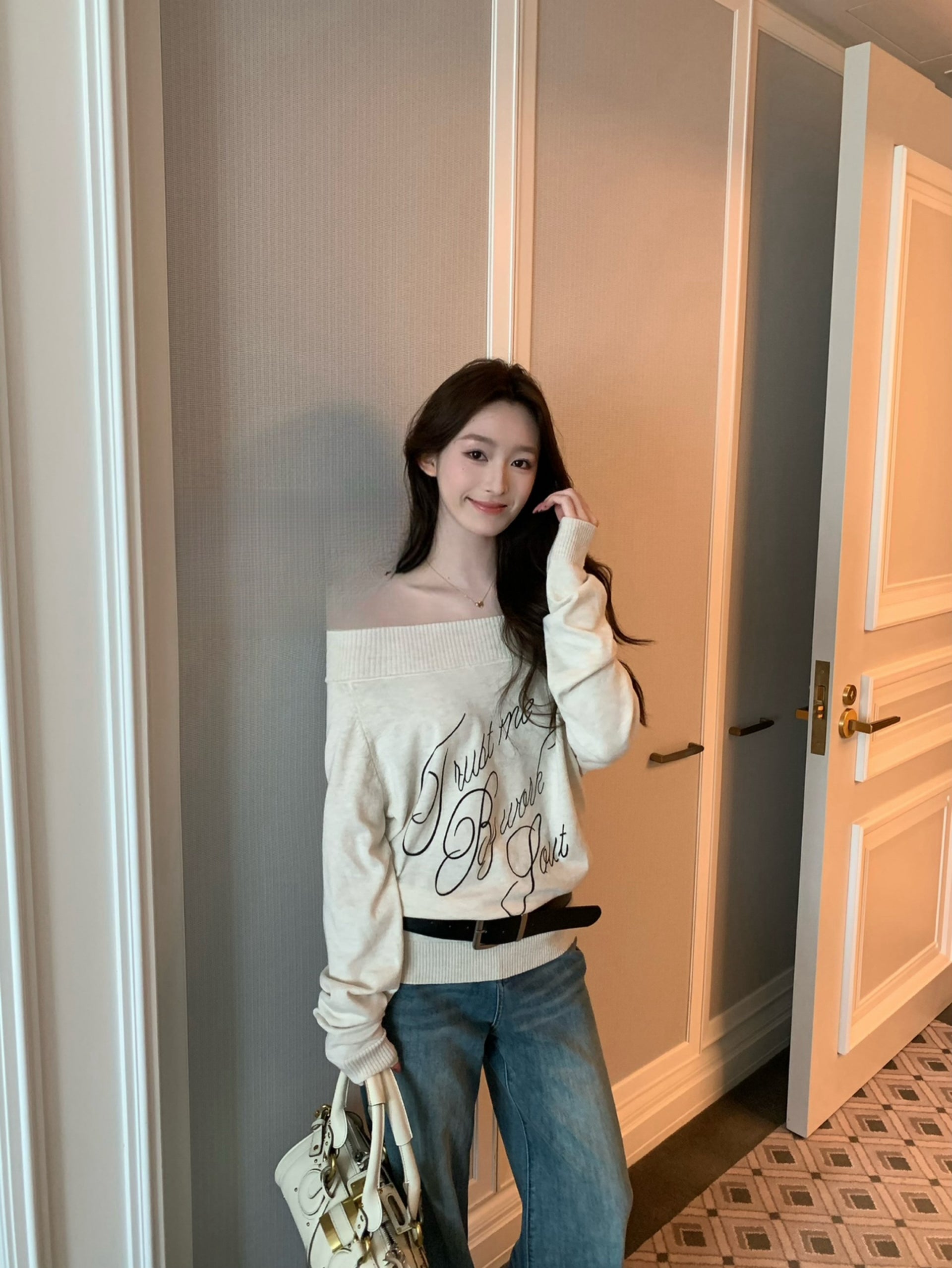Kelly Designs Off-Shoulder Letter Knit Top with Belt (6% Wool Blend) (Instock)