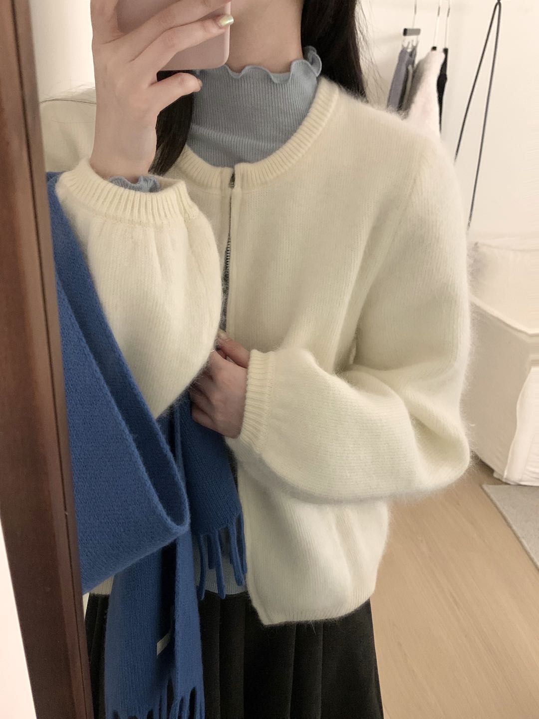 Kelly Designs Raccoon Wool Zip-Up Knit White Cardigan – Soft & Fluffy (Instock)