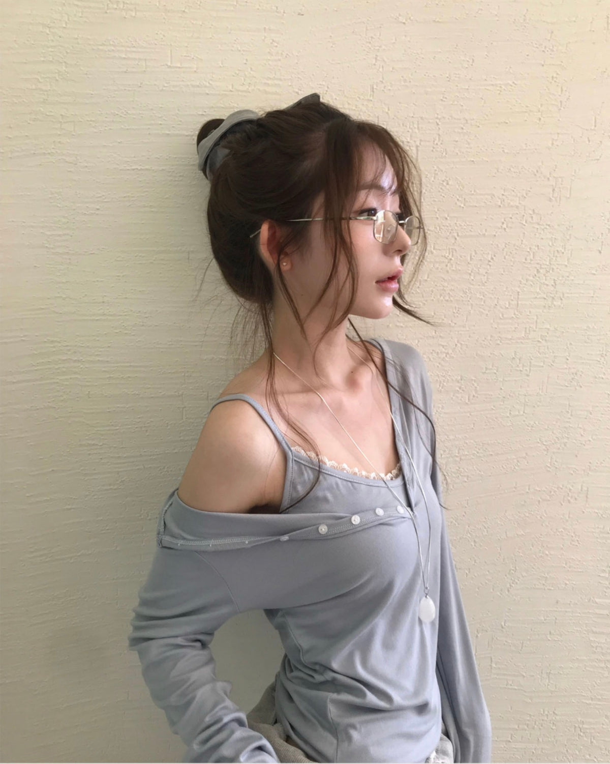 Korean Lace Cami & One Shoulder Button Top Set (Instock)
