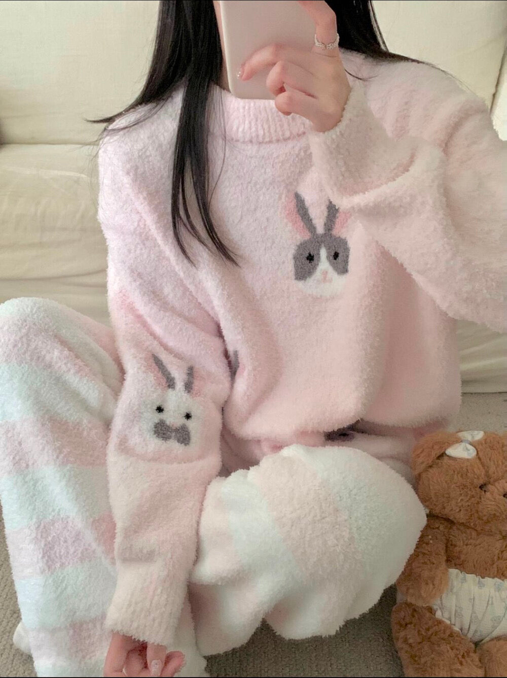 Kelly Designs Ultra-Soft Pink Bunny Fleece Pajama Set – Cozy Top & Pants (2-Piece Set) (Instock)