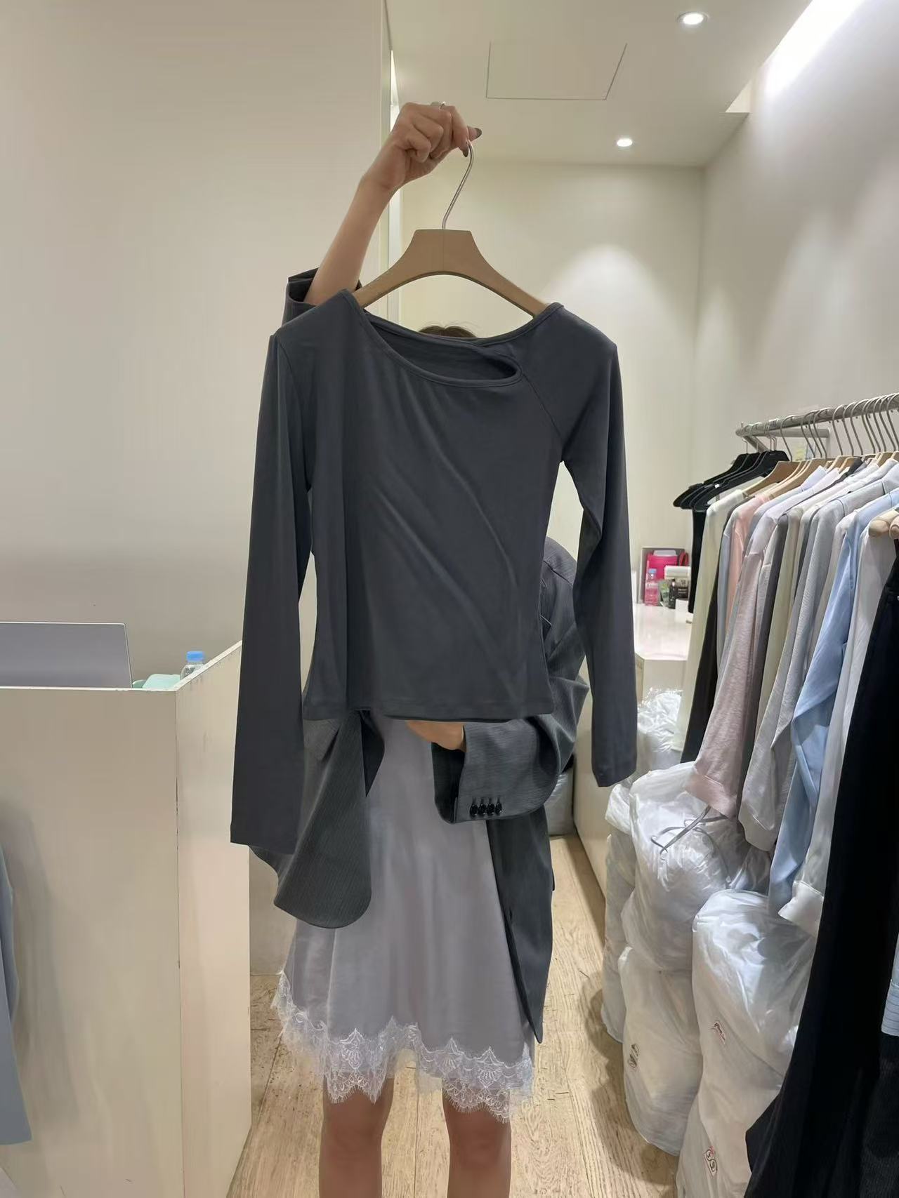 Korean APM Collection Asymmetrical Cut-Out Neckline Long Sleeve Top (Instock)