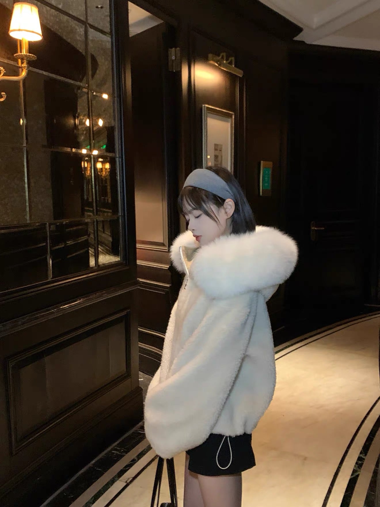 Kelly Designs Oversized Fox Fur Hooded Shearling Wool Jacket with Drawstring Hem (Instock)