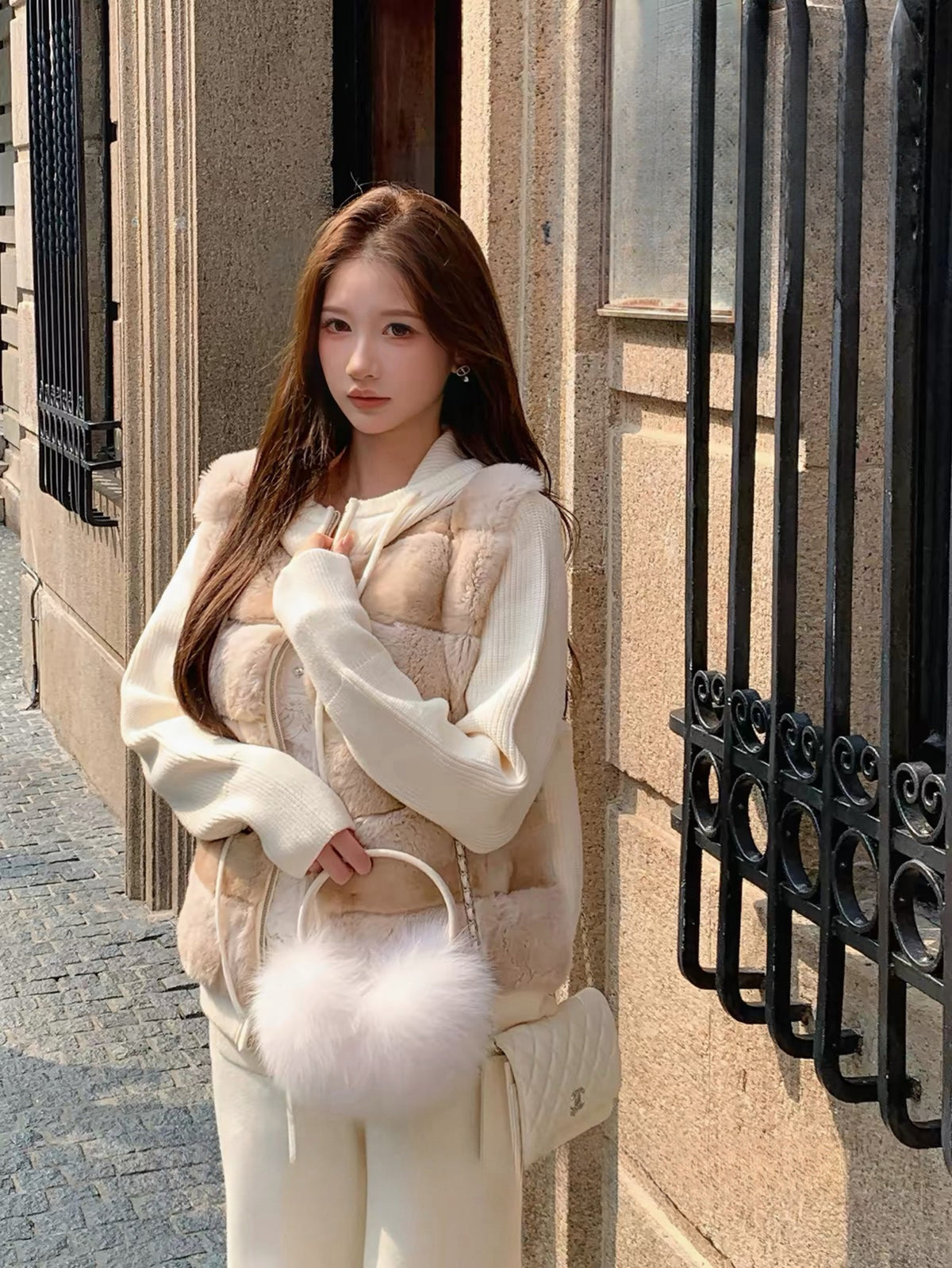 Kelly Designs Cream Mocha Rabbit Fur Knit Hoodie Jacket (Instock)