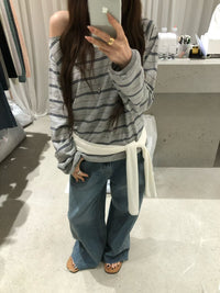 Korean Collection | Off-Shoulder Stripe Long Sleeve Top (Instock)
