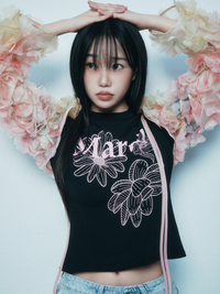 Mardi Mercredi SLIM TSHIRT TRIPLE FLOWER_BLACK PINK (preorder)