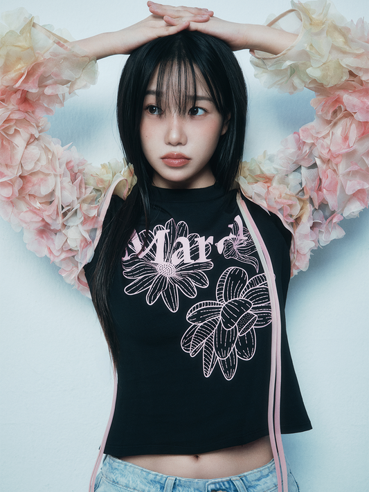 Mardi Mercredi SLIM TSHIRT TRIPLE FLOWER_BLACK PINK (preorder)