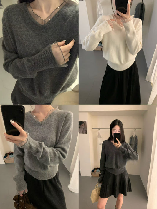 Kelly Designs Soft V-Neck Knit Sweater with Sheer Lace Trim – Elegant & Cozy (Instock)