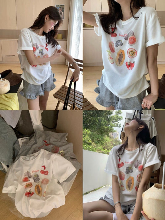 Kelly Designs Fruit Cartoons Oversize White TShirt (Instock)