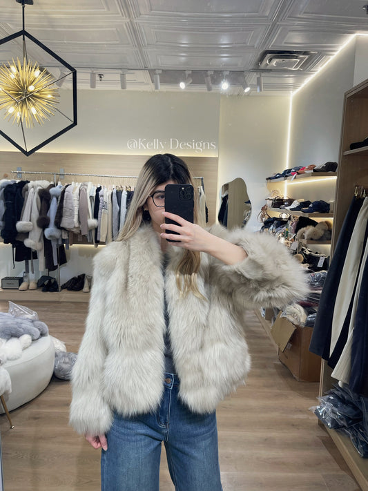 Kelly Designs Cream Grey Fox Fur Jacket (Preorder)