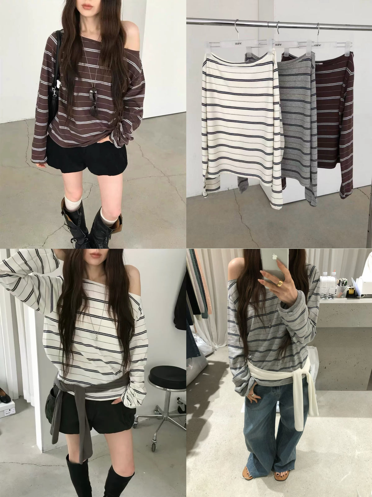 Korean Collection | Off-Shoulder Stripe Long Sleeve Top (Instock)