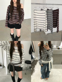 Korean Collection | Off-Shoulder Stripe Long Sleeve Top (Instock)